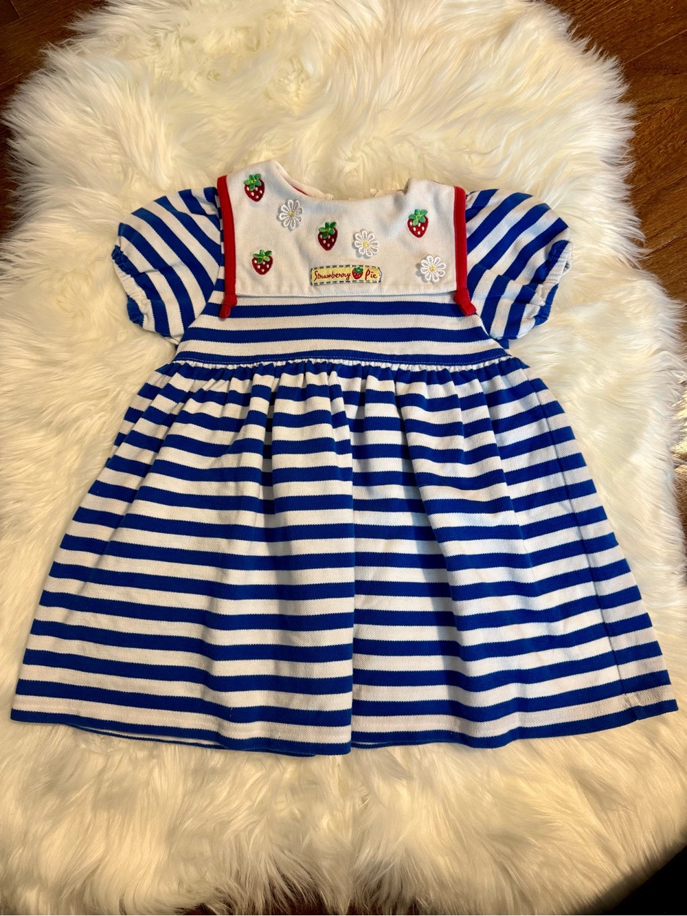 Vintage Buster Brown Blue & White Striped Dress with Strawberry Size 4t